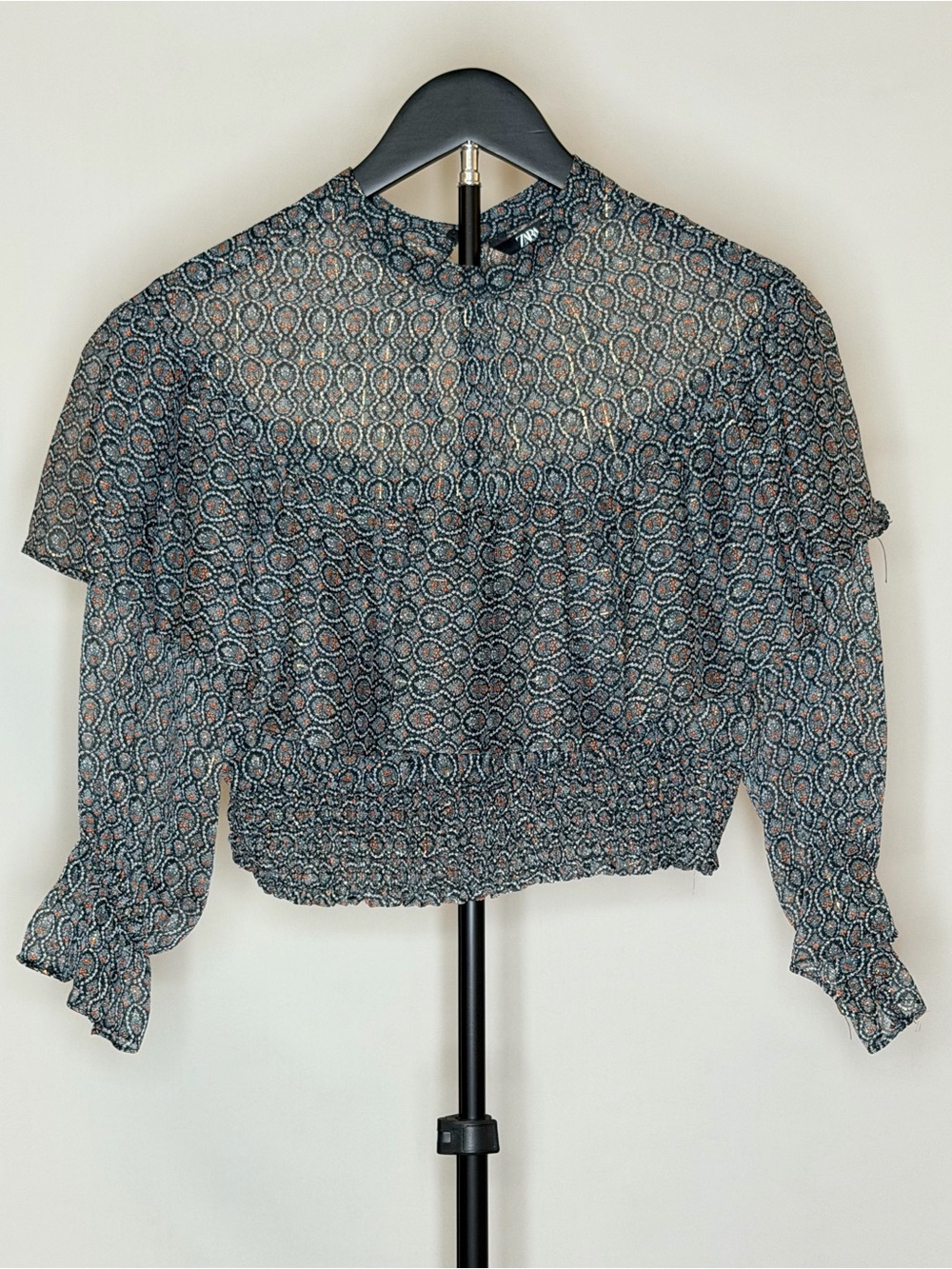 Zara Sheer Smocked Crop Blouse in Blue Multi